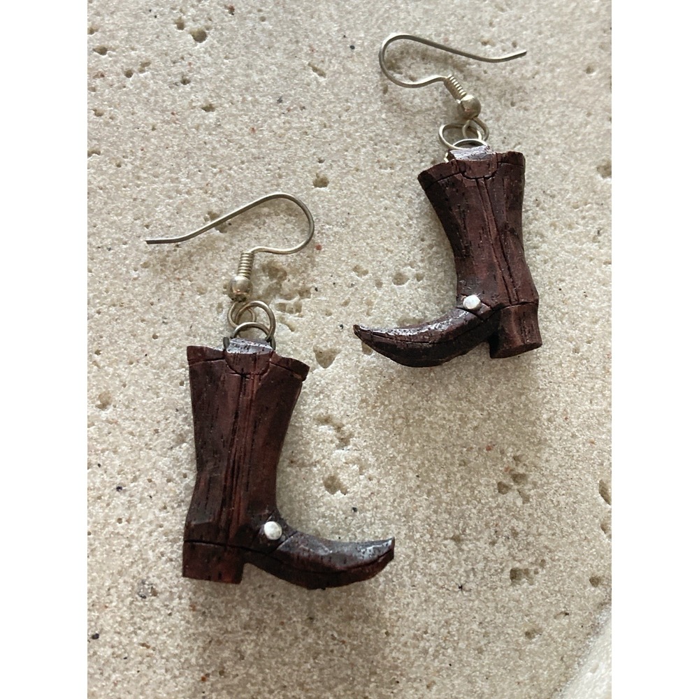 Cowboy‎ Boot Dangle Earrings Carved Wood Western Novelty Cowgirl Southwestern